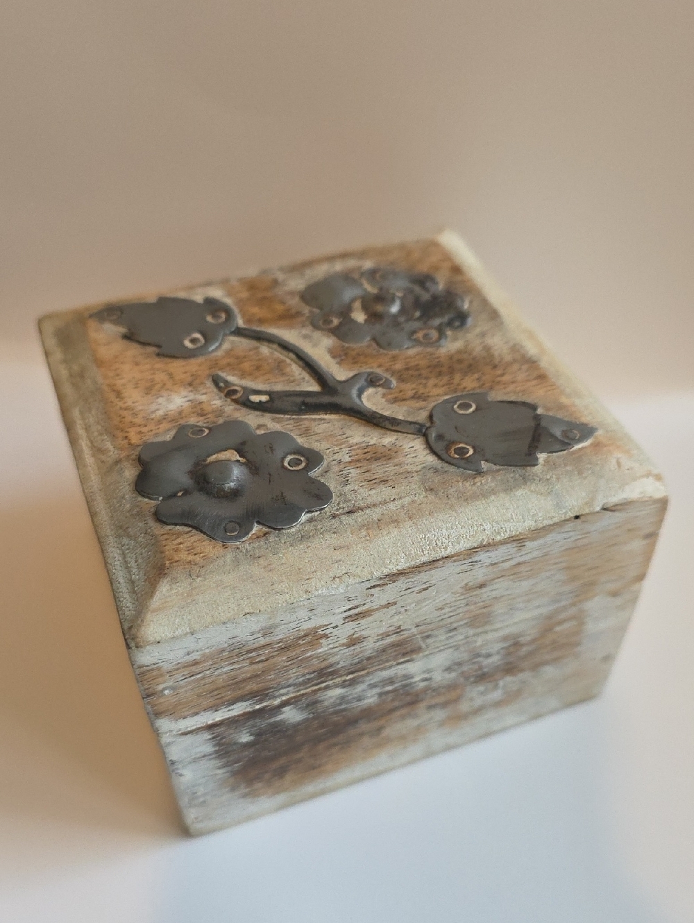 Distressed Whitewashed Wood Jewelry Box with Metal Floral Accents